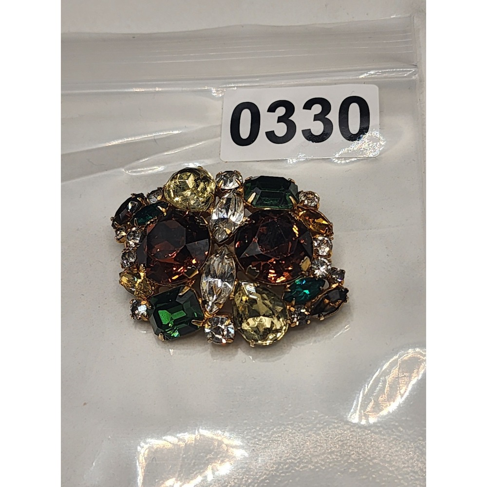 Vintage Multi Color Rhinestone Cluster Brooch Gold Tone Brown Green Yellow - Picture 5 of 5